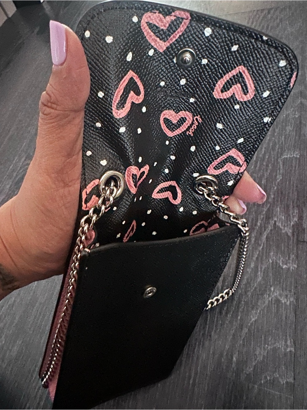Coach Black Leather Phone Crossbody Chain Wallet Hearts - Picture 9 of 9